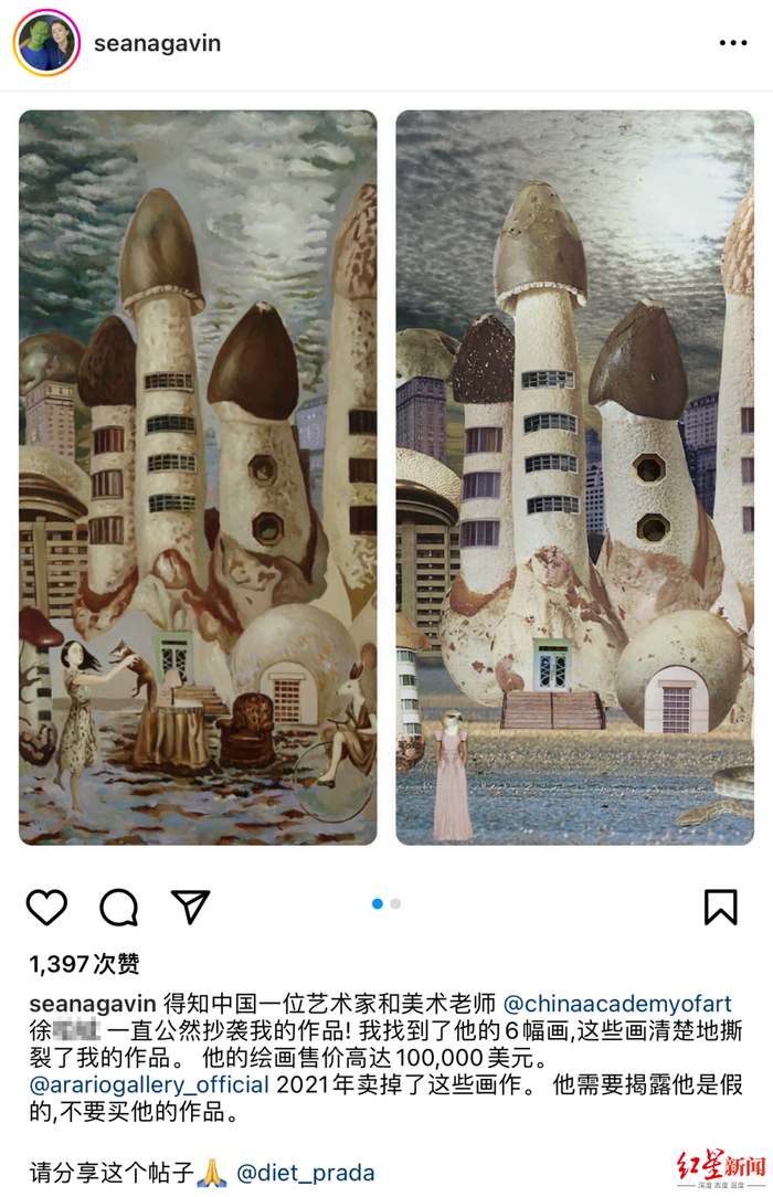 ↑英国艺术家Seana Gavin发帖称徐跋骋抄袭其作品 据网络截图