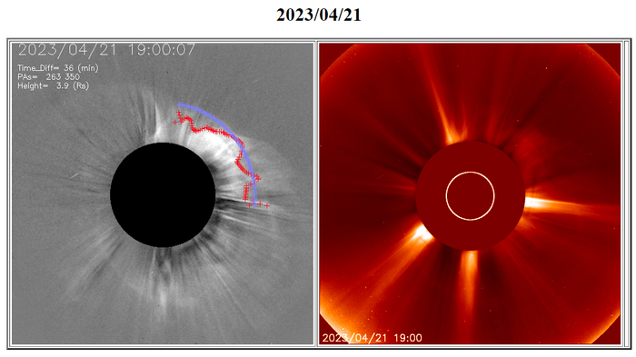 4月21日爆发的日冕物质抛射观测图片，日冕物质抛射是造成此次特大地磁暴的主要原因。供图/国家卫星气象中心