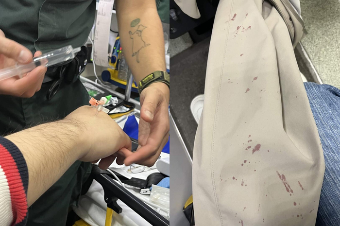 ↑Y先生在去往医院的救护车上接受治疗（左）并检查身上血迹（右）（受访者供图）