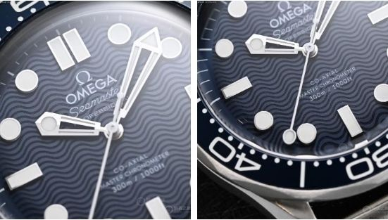 海马300米“詹姆斯·邦德60周年纪念款”表盘为波浪纹，带有“棒棒糖”秒针