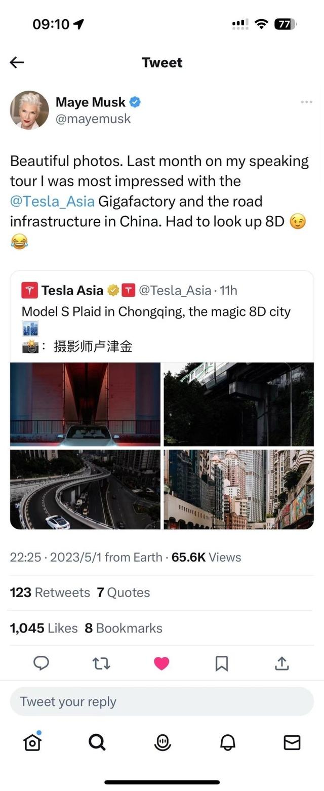△梅耶·马斯克在推特上转发的“8D”重庆照片