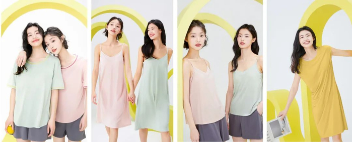 从左至右：短袖套装（薄荷绿、樱花粉）、吊带睡裙（樱花粉、薄荷绿）、吊带背心（樱花粉、薄荷绿）、口袋睡裙（柠檬黄）