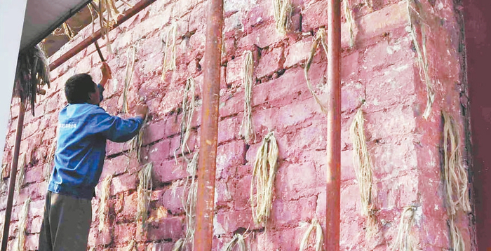 墙体抹灰前钉麻，每一米见方，钉麻揪一枚，麻线长约0.5米。本版图片来自《故宫建筑细探》