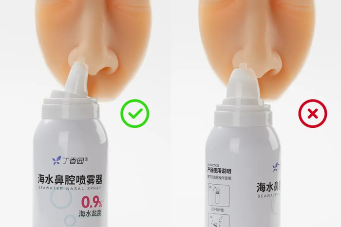 正确用法：喷头侧位喷鼻孔，贴合鼻腔