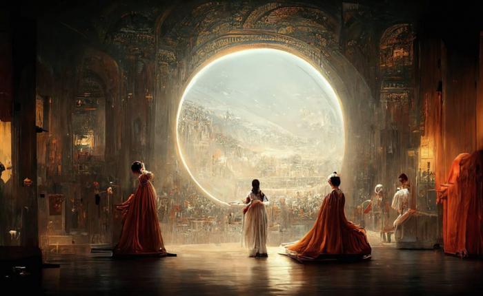 （由Midjourney生成的绘画作品《太空歌剧院》，2022年9月获得美国科罗纳州博览会艺术比赛一等奖）