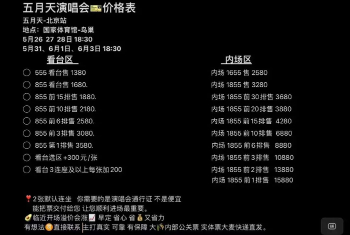 黄牛报价 来源 / 五月天某粉丝群 