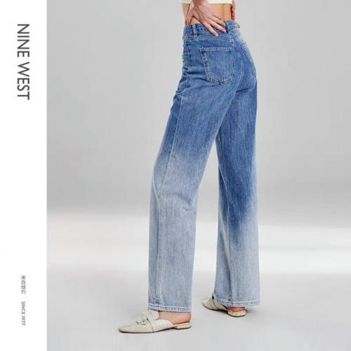 Nine West/玖熙2023年春季新款牛仔裤女高腰阔腿浅蓝色设计感小众