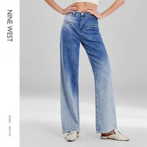 Nine West/玖熙2023年春季新款牛仔裤女高腰阔腿浅蓝色设计感小众