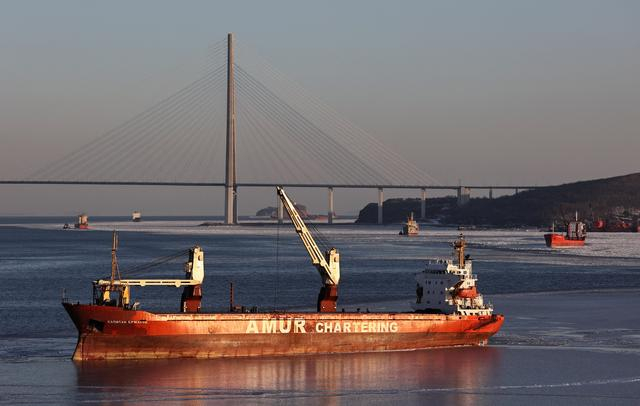 ▲当地时间2023年2月15日，俄罗斯符拉迪沃斯托克（海参崴），商港附近海湾中的货船。图/IC photo