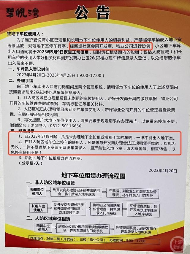 ▲公告显示，经社区会同开发商、物业协调，临停车不允许进入地下停车库。图片来源/上游新闻记者 时婷婷 摄