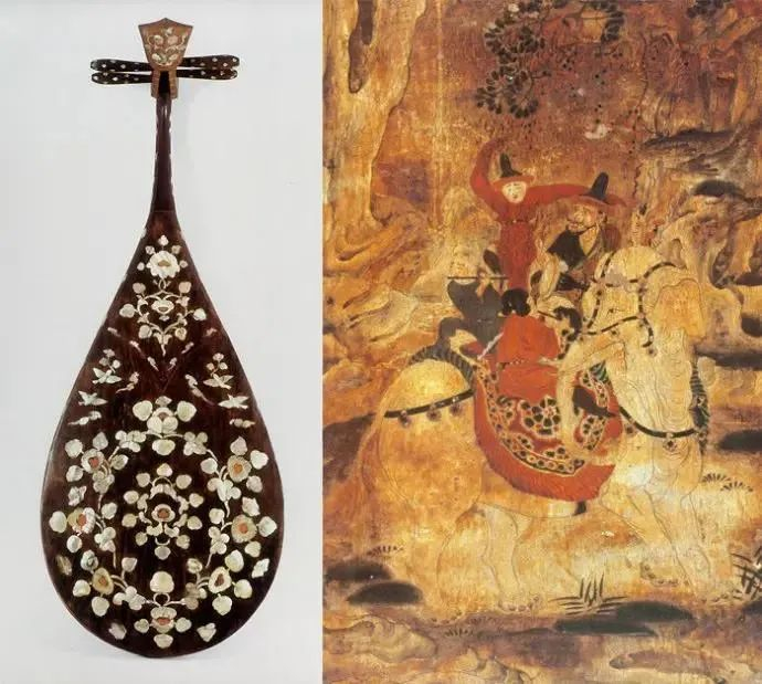 ▲枫苏芳染螺钿槽琵琶背面及拨面图案（日本·正仓院藏）。