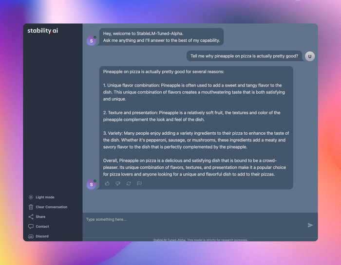 StableVicuna 对话示例。