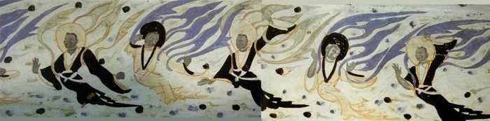 ▲北周290窟中心柱佛龛彩塑，绕窟一周的伎乐飞天图。