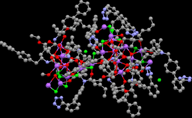 图4  LCZ696单晶：C-灰色，N-浅蓝，O-红色，Na-紫色，水分子-绿色（来源：文献5）