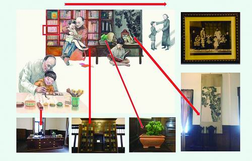 梁启超故居实景与绘图。