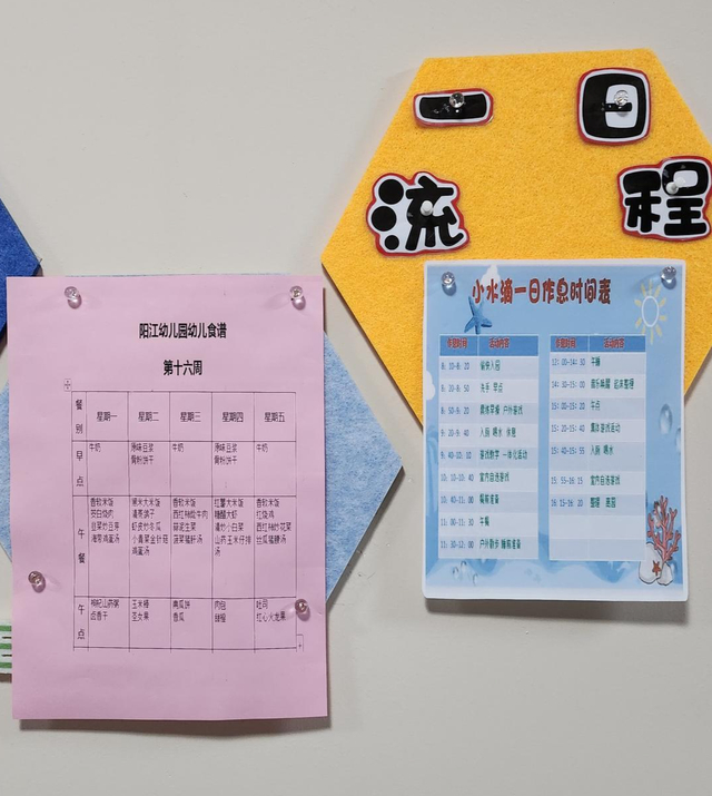 ↑小水滴托育中心的食谱和作息表 胡伊文 摄