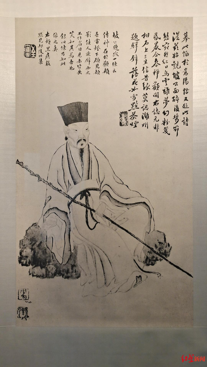 ↑历代公认最接近苏东坡形象的画作——清代朱野云临摹宋李公麟的《扶杖醉坐图》