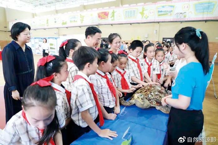 在广西南宁市云景路小学，同学们饶有兴趣地参观海洋生物标本。周 剑 摄
