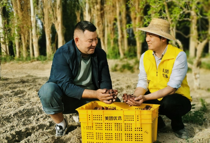 ▲沙海边的收枣人 85后大学生帮农户对接互联网卖枣。（摄影：施安）