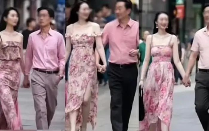 有博主身着“牵手门”类似服装，拍摄“高仿”视频。截图来自某短视频平台