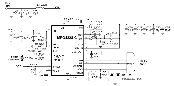 图 1：MPQ4228-C-AEC1 典型应用电路