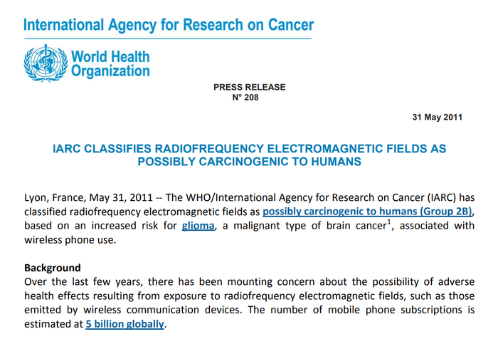 国际癌症研究机构（IARC）将射频无线电划定为2B类致癌物