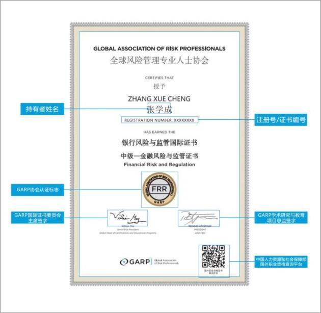 (FRR证书样本,证书右下角为人社部证书查询二维码)