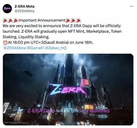 ZERA官网推特：ZERA游戏于6月18日沙特阿拉伯时间下午16:00首发上线