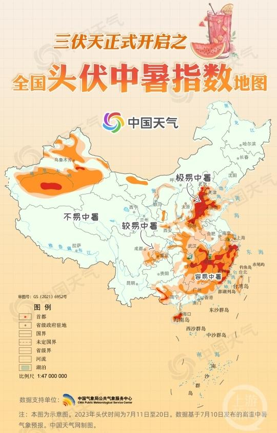 ▲全国头伏中暑指数地图。图片来源/中国天气网