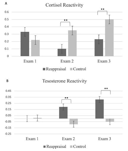 黑色：干预组，灰色：对照组。上图为皮质醇反应，下图为睾酮反应