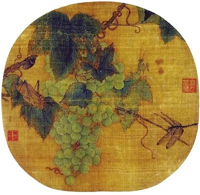 ▲北京故宫博物院藏宋代林椿画作《葡萄虫草图》。