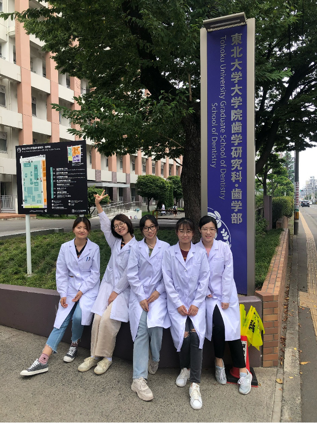 田雅婧（中）和同学们在日本东北大学交流