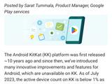 发布近 10 年后，谷歌宣布 Google Play 将停止对 Android 4.4 的支持