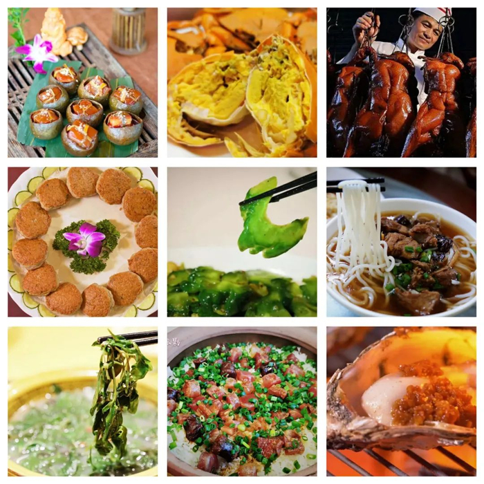 江门各式美食（新会陈皮、台山黄油蟹、古井烧鹅、荷塘鱼饼、杜阮凉瓜、恩平濑粉、恩平簕菜、鹤山腊味饭、台山生蚝）