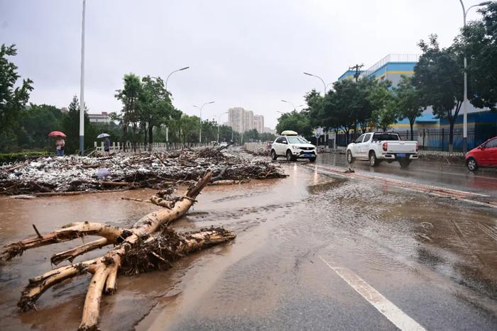 7月31日，北京降雨持续，位于北京门头沟路的永定河一条支流水位大幅度上涨。图为暴雨过后，路面堆积杂物与淤泥。中新社记者 田雨昊 摄