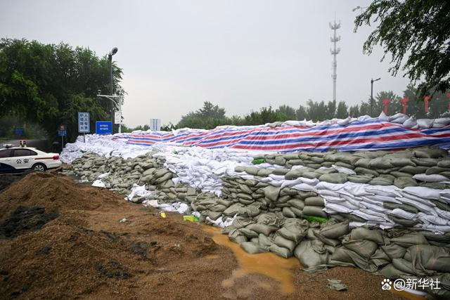 8月1日，在天津市北辰区双街镇庞嘴村村口，施工人员用沙袋构筑起一条人工堤坝。新华社记者孙凡越 摄
