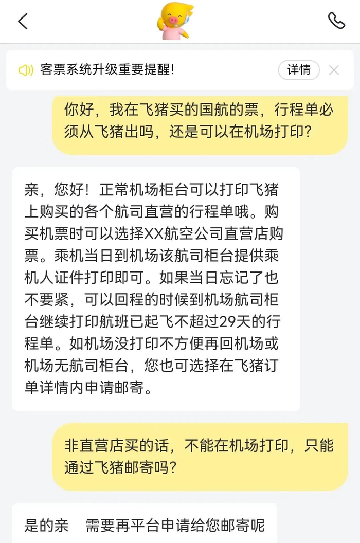 飞猪客服回答为何无法在机场打印行程单