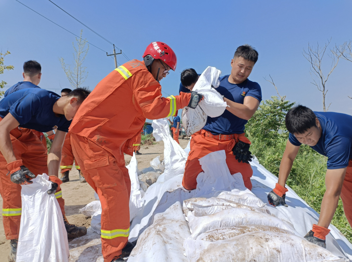 8 月6 日，天津滨海新区消防救援支队防洪抢险突击队对太平镇南小埝堤坝进行加固。魏英博 摄