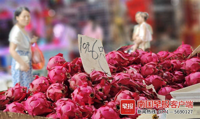 10元6个的火龙果价格牌，瞬间吸引消费者的目光。本文图片均由南国早报全媒体记者 何定坚摄