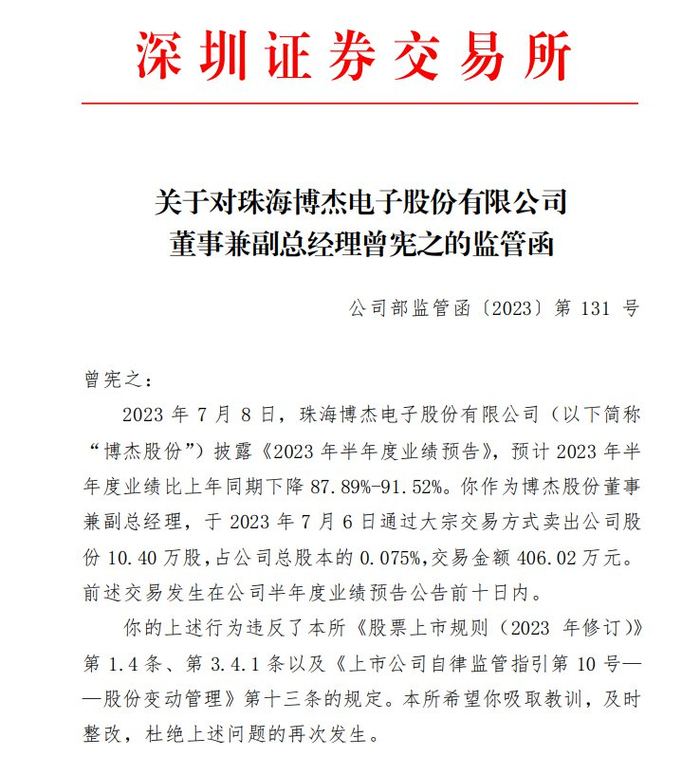 深交所监管函截图