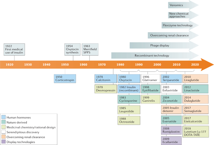 图1 | 治疗性多肽药物发展历史和里程碑