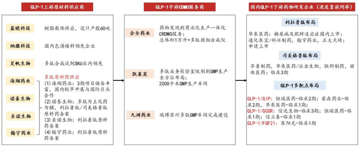 GLP-1 产业链全景图  资料来源：各公司官网，公司公告，西部证券研发中心 
