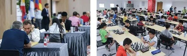 左图：“一带一路”友好城市象棋比赛第一比赛日，众多外国棋手上阵参赛。