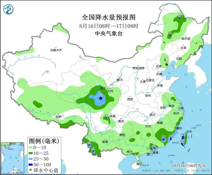 图1 全国降水量预报图（8月16日08时-17日08时）