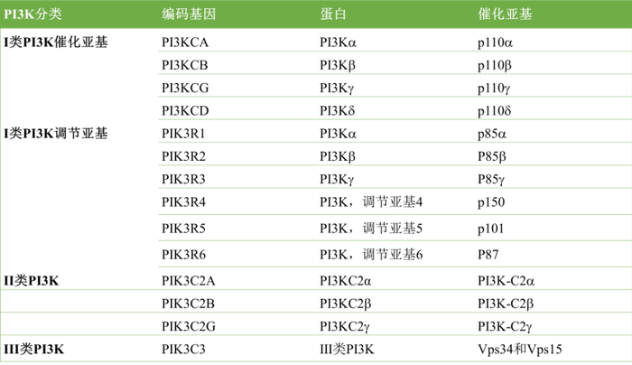 图2.PI3K分类（信息来源于维基百科以及其它公开资料）