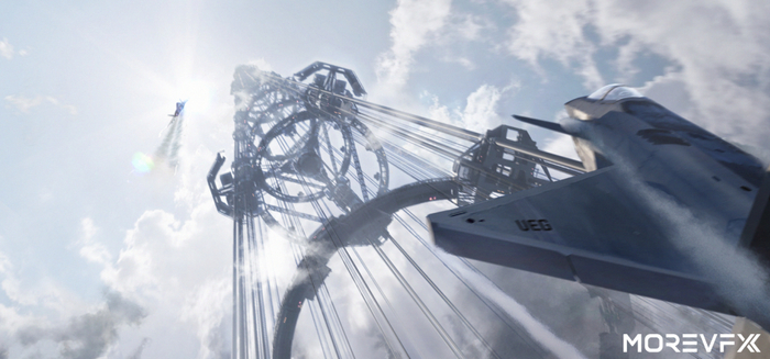 电影《流浪地球2》中，直冲云霄的太空电梯。（资料图片）