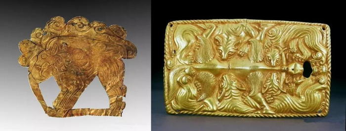 △左为直立怪兽纹金饰件，藏于鄂尔多斯青铜器博物馆。右为虎咬牛纹金带饰，藏于内蒙古博物院。