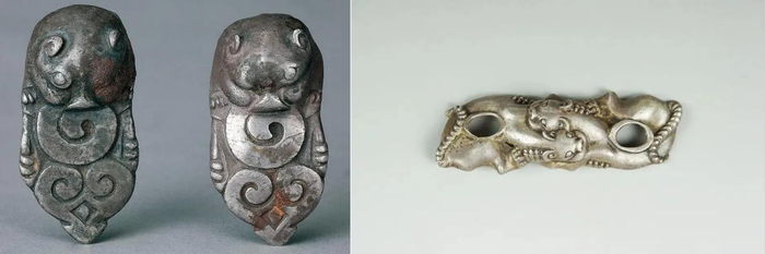 △左为虎头形银节约，右为双虎咬斗纹银饰件，均藏于鄂尔多斯博物馆。