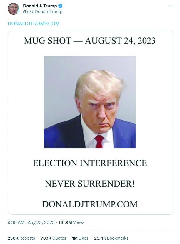 图为特朗普在社交平台X上发布自己的嫌犯大头照。 （社交平台X）