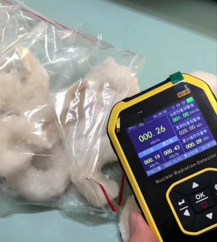 有博主发布视频，用核辐射检测仪测海鲜 图源：网络截图